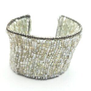 Wide Silver-Tone Cuff Bracelet Iridescent Beads statement Womens Jewelry neutral
